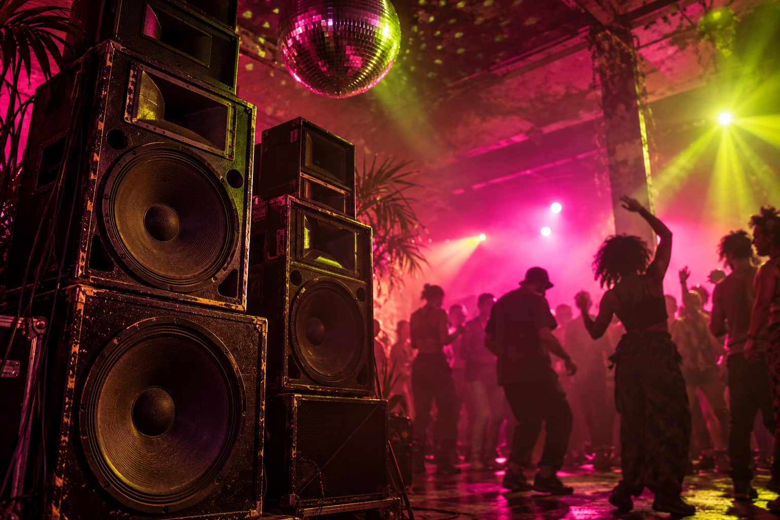 Towering sound-system speakers and a disco ball above a dance floor glowing pink and lime